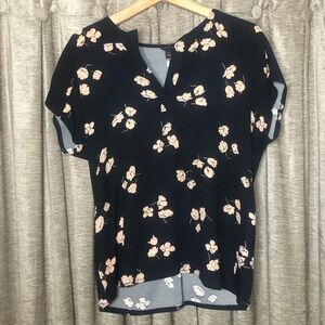 Ann Taylor Black & Pink Floral Short Sleeve Blouse